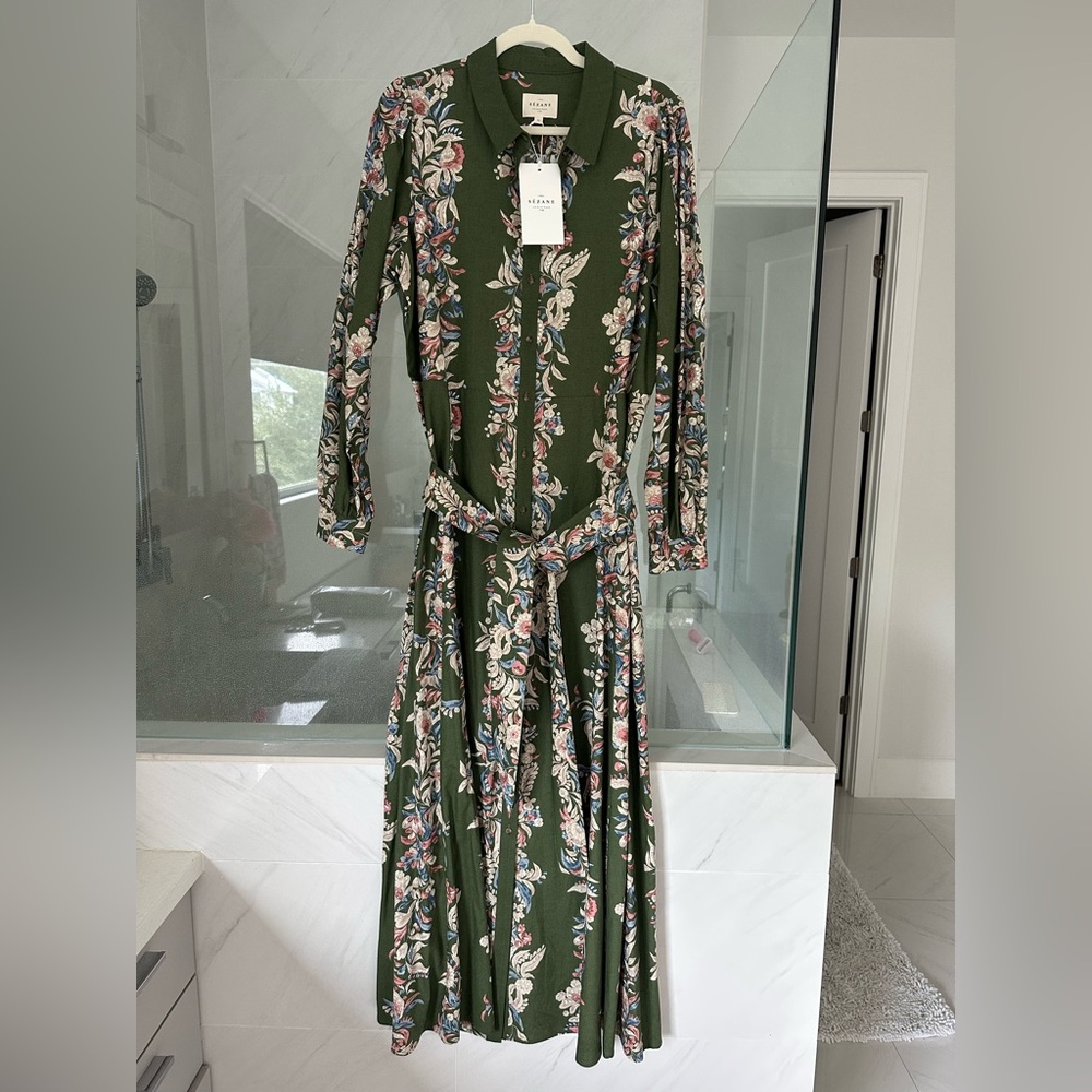 Sezane Olive Green Floral Long Sleeve Shirt Dress - Picture 5 of 5